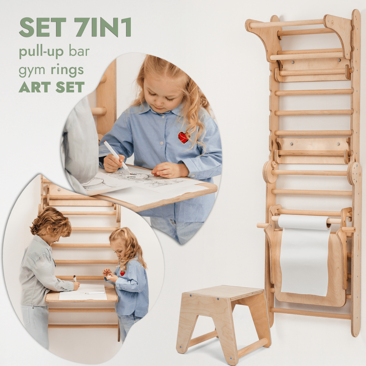 For Full Fun-Wooden Swedish Wall / Climbing ladder for Children + Swing Set + Slide Board + Art Add-on-Swedish wall