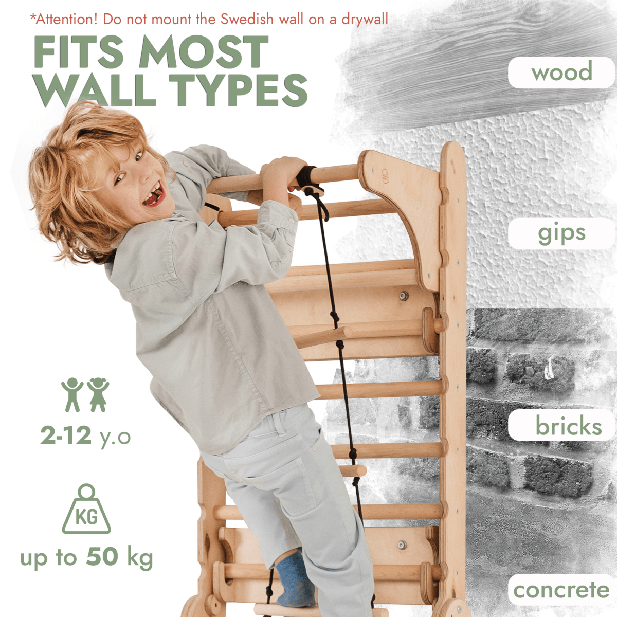 For Full Fun-Wooden Swedish Wall / Climbing ladder for Children + Swing Set + Slide Board + Art Add-on-Swedish wall