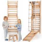7-in-1 wooden Swedish wall climbing ladder with swing set, slide board and art add-on – ForFullFun