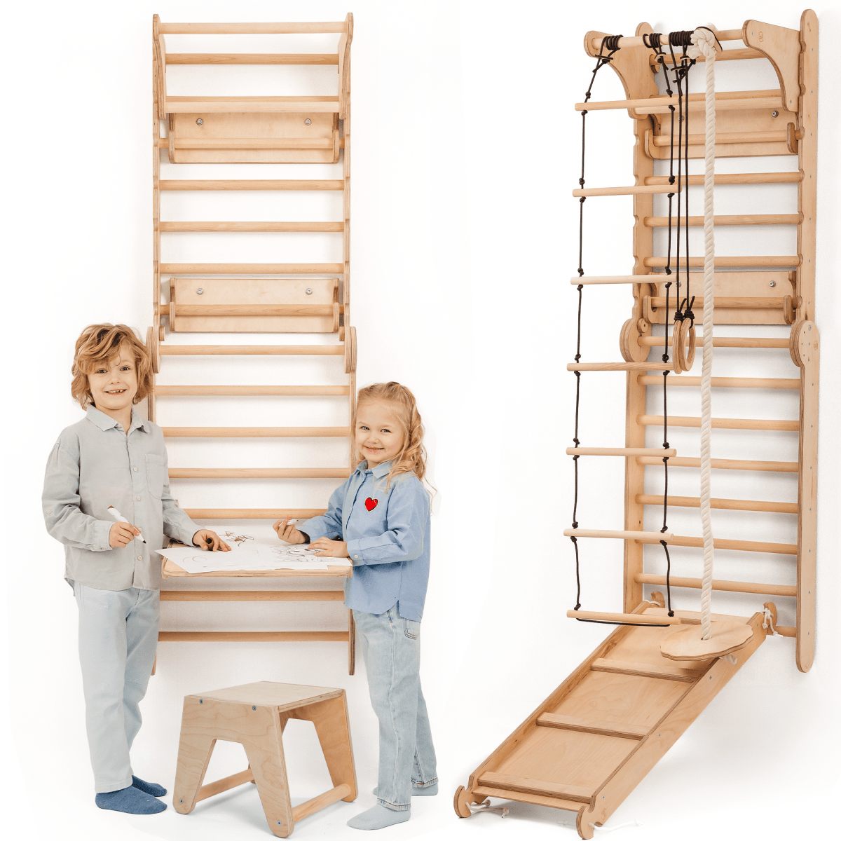7-in-1 wooden Swedish wall climbing ladder with swing set, slide board and art add-on – ForFullFun