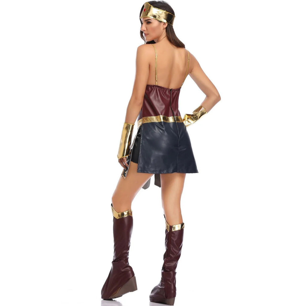 Back view of the Wonder Woman adult costume showing the open back, crossed gold straps and the gold waistband