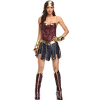 Wonder Woman adult costume from the front with the skirt panels falling open at the sides, showing the knee-high boot covers