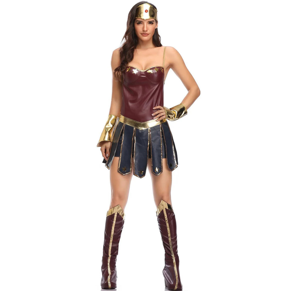 Wonder Woman adult costume from the front with the skirt panels falling open at the sides, showing the knee-high boot covers