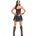 Wonder Woman adult costume worn front on: wine faux-leather bodice, navy gold-trimmed panel skirt, gold gauntlets, tiara and matching boot covers