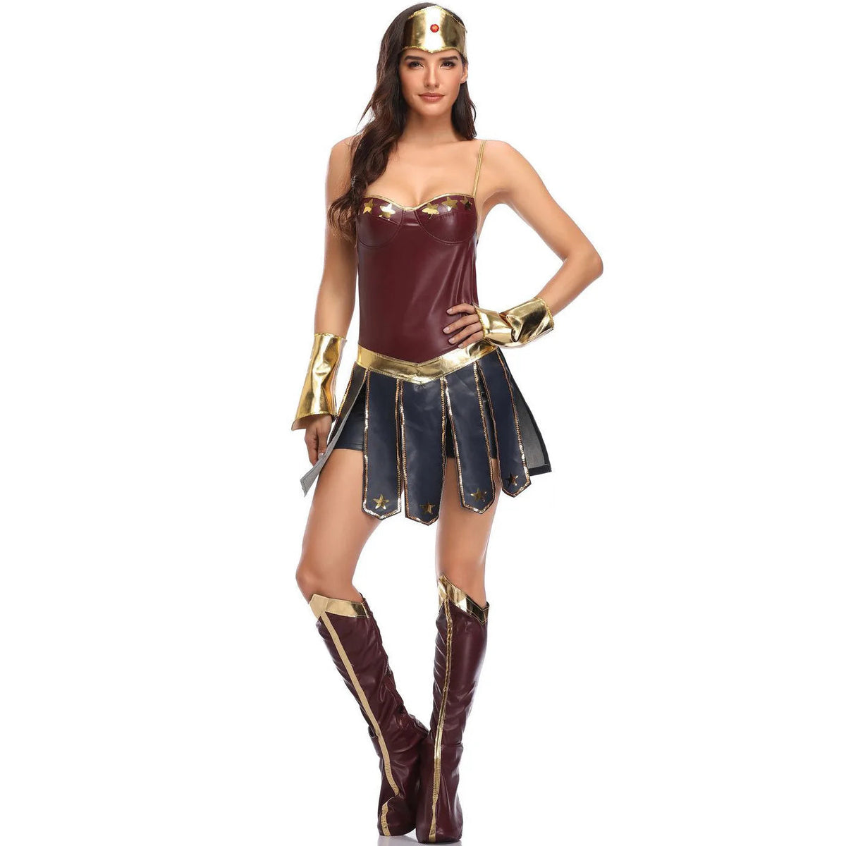 Wonder Woman adult costume with one knee bent, showing the length of the panel skirt and the boot covers