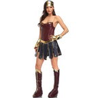 Three-quarter view of the Wonder Woman adult costume showing the gold star detail across the bust and the boot covers