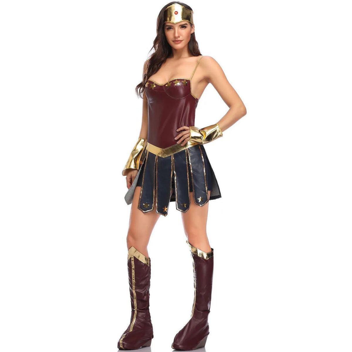 Three-quarter view of the Wonder Woman adult costume showing the gold star detail across the bust and the boot covers