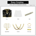 All seven pieces of the Zoey kids costume: sequin top, pleated skirt, belt, epaulettes, gold chains, earrings and hair clips